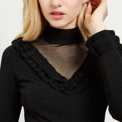 Black frill mesh panel knit jumper